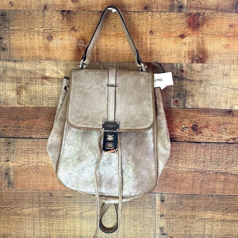 Rare Lanvin Collection 2 Way Shoulder Metallic Leather Taupe Bucket Bag